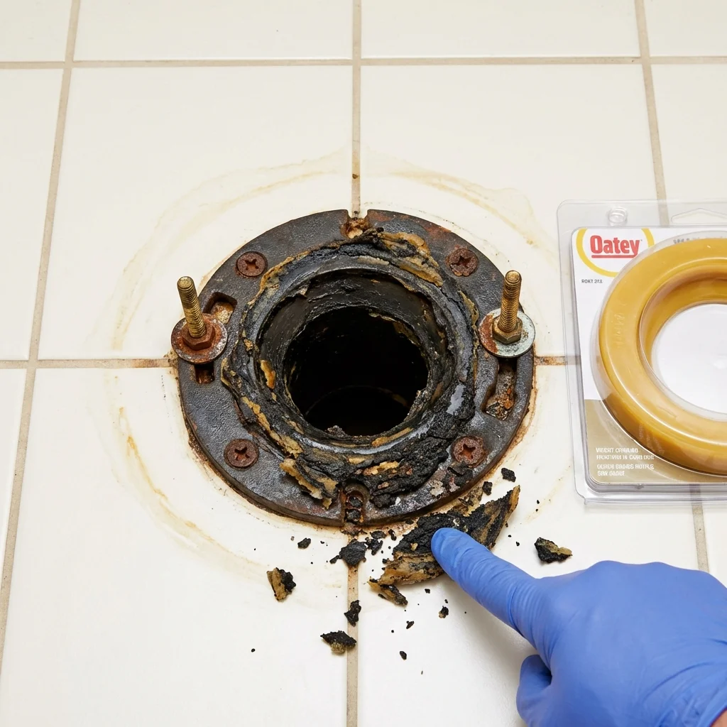 Failed wax ring showing water seepage at the base of a toilet in a Edinburg, IL home