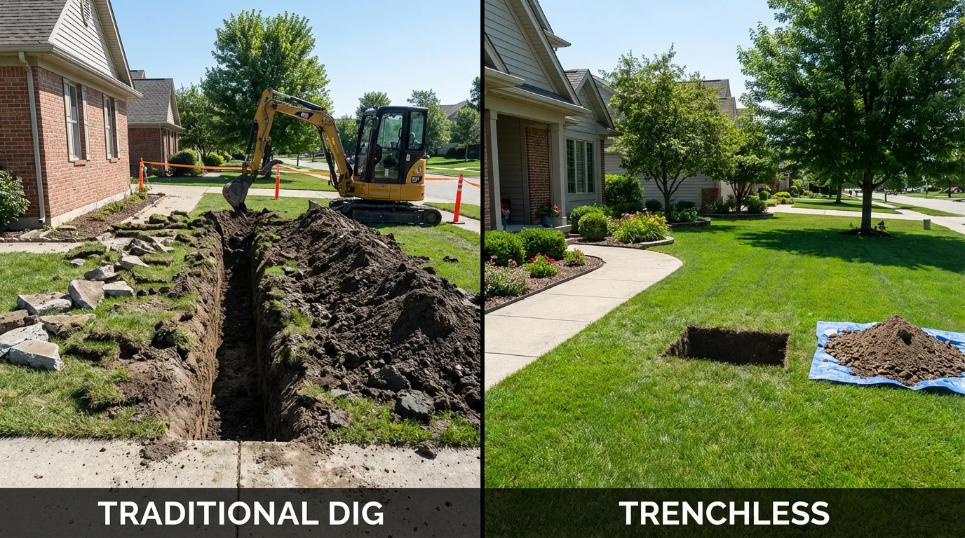 Trenchless sewer repair with minimal yard damage versus traditional excavation in Edinburg, IL
