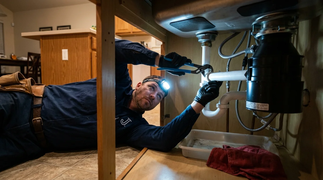P-trap and supply line connections under a kitchen sink showing a common leak point in Edinburg, IL